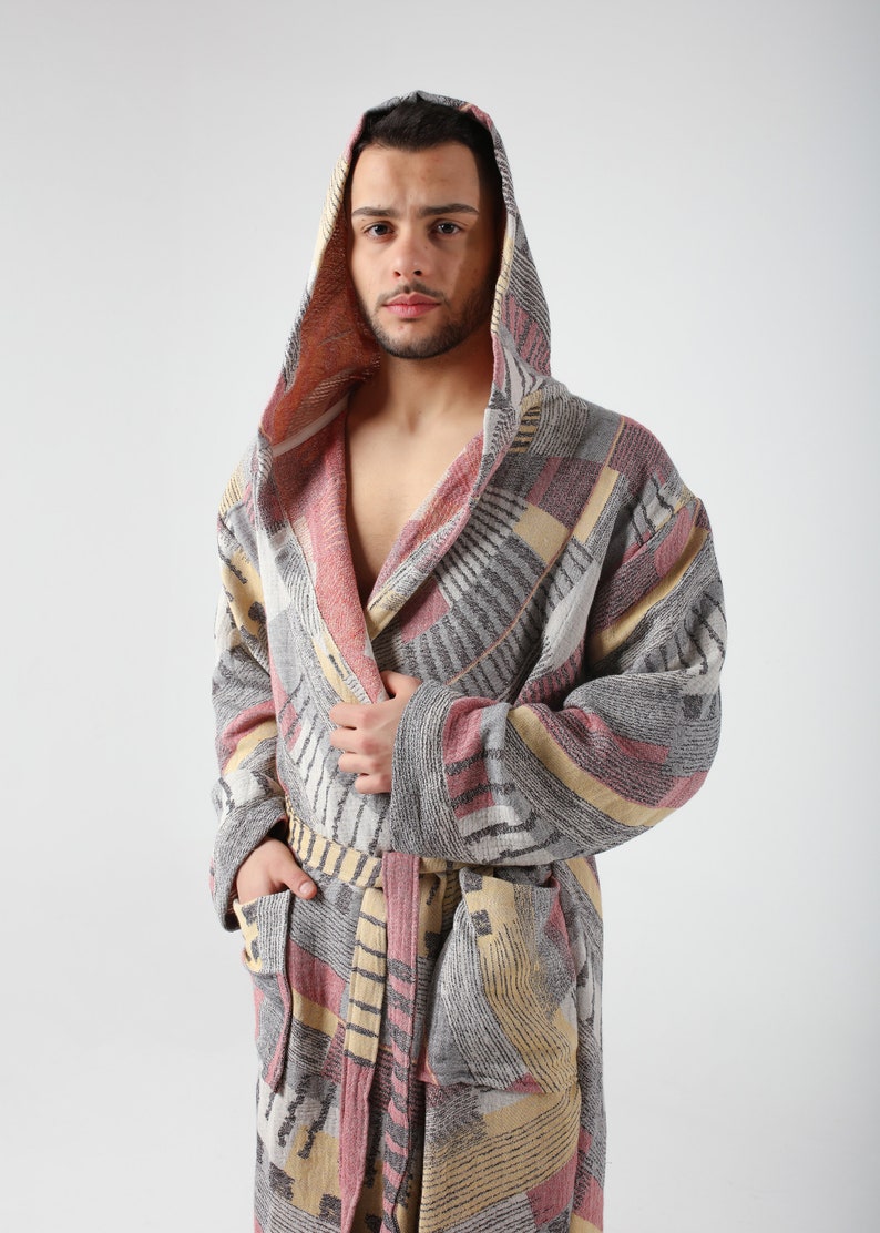 Men Pool Robe Yellow Colorful Jacquard Turkish Cotton Robe for Men, Lightweight ...