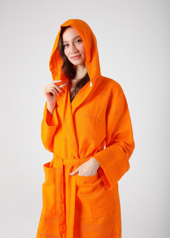 sultansgem Personalized Orange Lightweight Cotton Robe, Dressing Gown, Beach Pool Sauna Hot Tub Cover Up, Hooded Turkish Summer Bathrobe
