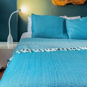 71&#39;&#39; 90.5&#39;&#39; Green Chain Pattern Handwoven Turkish Cotton Blanket Pillowcases Set, Bedspread, Bedcover, Coverlet, Couch Cozy Throw Blanket