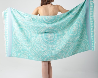 Green Rio Jacquard Ethnic Turkish Beach Towel, Cotton Beach Blanket, Quickdry Pool Towel, Beach Cover Up, Lightweight Travel Towel