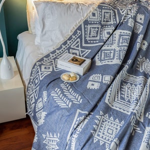 71&#39;&#39; 90.5&#39;&#39; Navy Ethnic Turkish Cotton Throw Blanket, Bedspread, Cotton Bedcover, Coverlet, Couch Blanket, Cozy Blanket, Picnic Mat