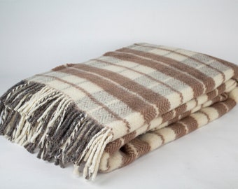 May include: A brown and white striped throw blanket with fringe. The blanket is folded in thirds and has a herringbone pattern.