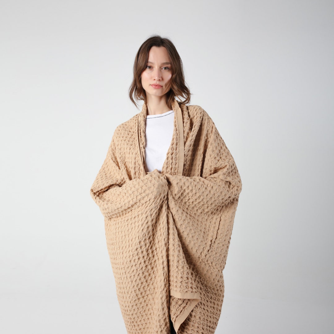 Beige Big Waffle Summer Throw Blanket, Patio Throw Blanket, Outdoor