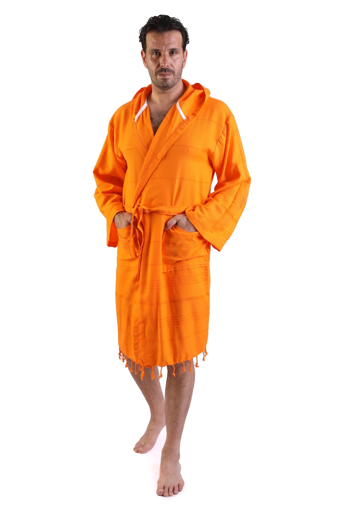 Orange Turkish Cotton Men Robe, Personalized Cotton Beach Robe