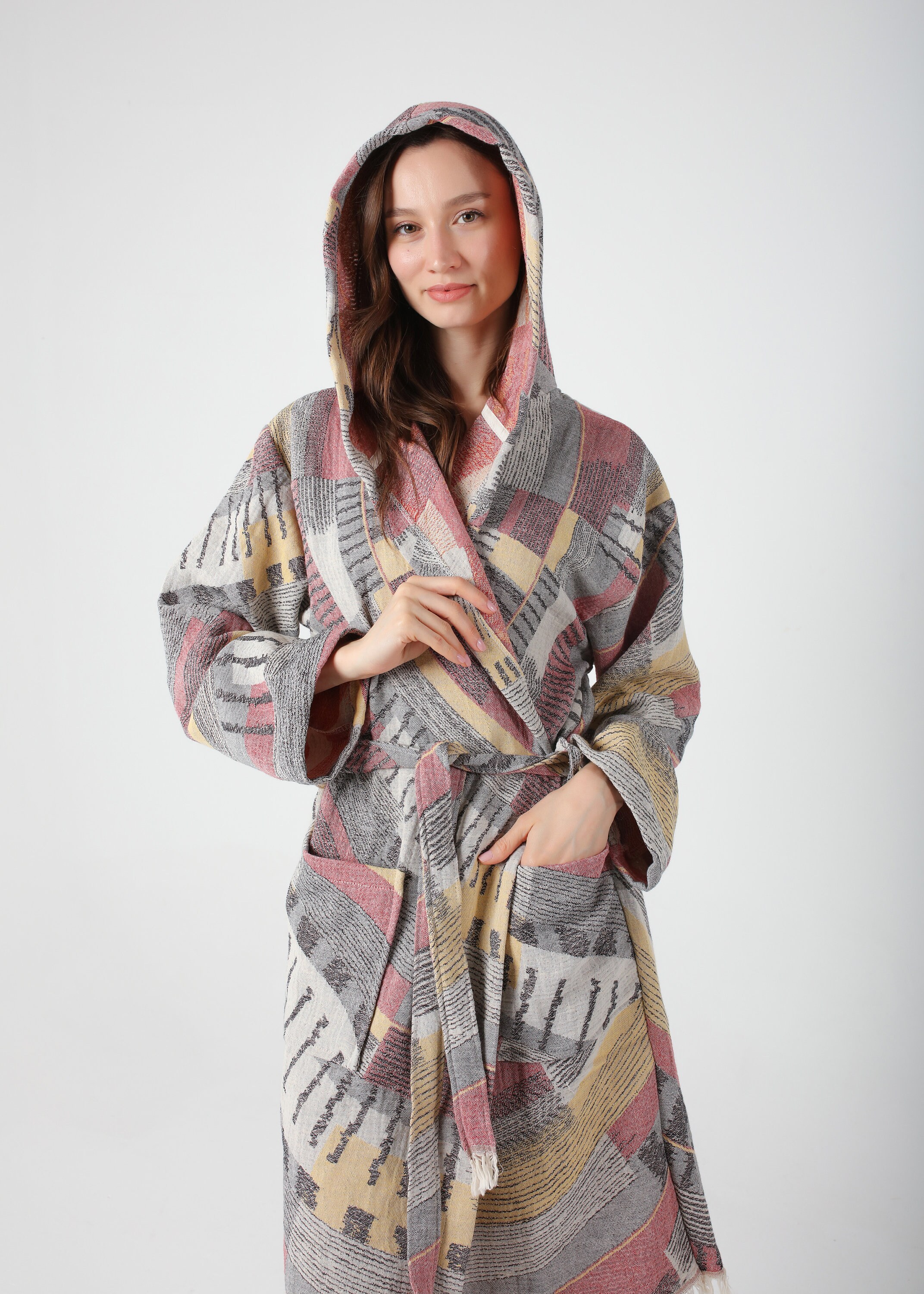 Colourful Robe Burgundy Colorful Jacquard Turkish Cotton Robe for Women, Lightweight ...