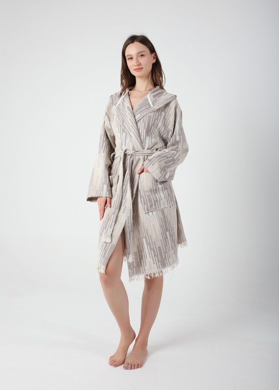 Light Brown Marrakesh Pattern Turkish Cotton Robe for Women, Lightweight Dressing Gown, Beach Cover Up, Hooded Turkish Bathrobe
