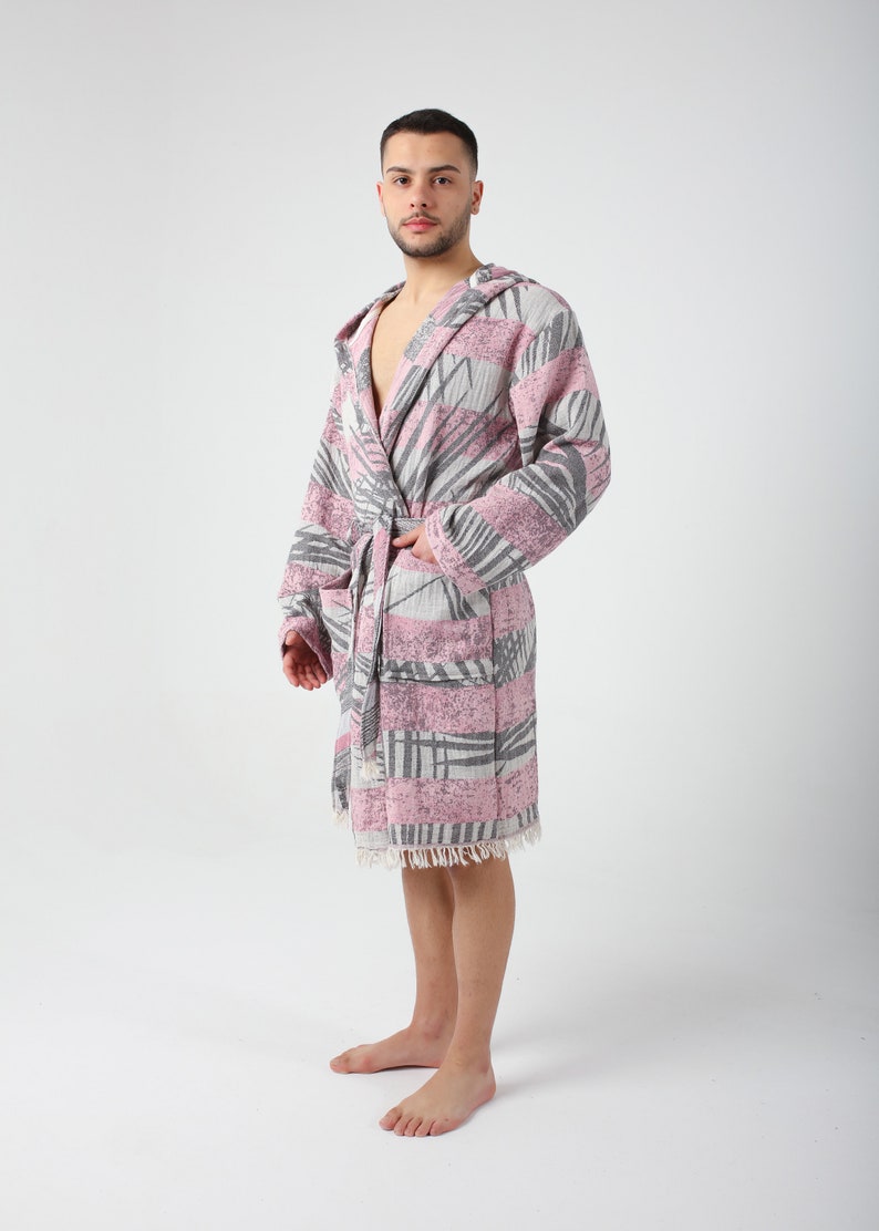 Men Pool Robe Pink Palm Jacquard Turkish Cotton Robe for Men, Lightweight Dressing ...