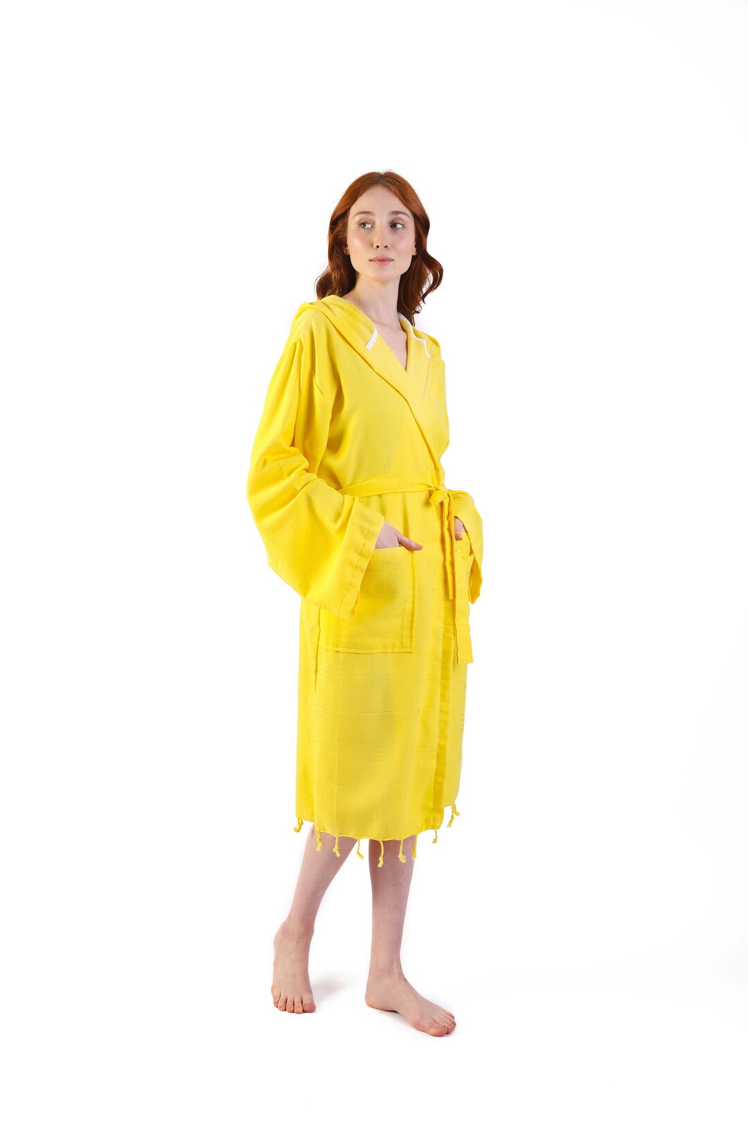 Yellow Turkish Cotton Women Robe, Cotton Dressing Gown, Personalized Beach Robe, Bridesmaids