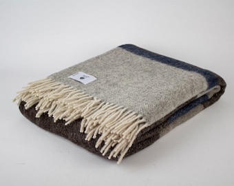 Brown- Dark Blue- Gray New Wool Throw Blanket, Pure 100% Wool Blanket, Warm Cozy Blanket, Couch Blanket,Porch Blanket, Sheep Wool Blanket