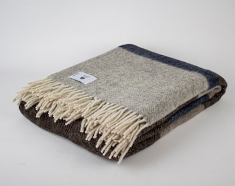 Brown- Dark Blue- Gray Striped Wool Blanket: Vintage Style Throw
