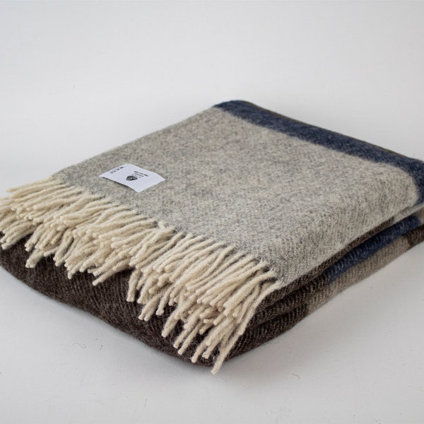 Brown- Dark Blue- Gray New Wool Throw Blanket, Pure 100% Wool Blanket, Warm Cozy Blanket, Couch Blanket,Porch Blanket, Sheep Wool Blanket