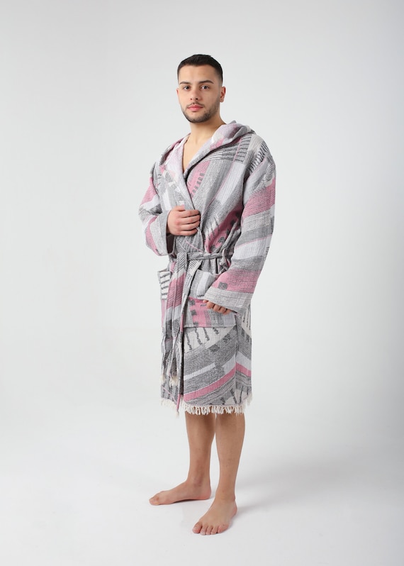 man in pink dressing gown Personalized Hot Pink Lightweight Cotton Robe, Dressing Gown, Beach Pool Sauna Hot Tub Cover Up, Hooded Turkish Bathrobe