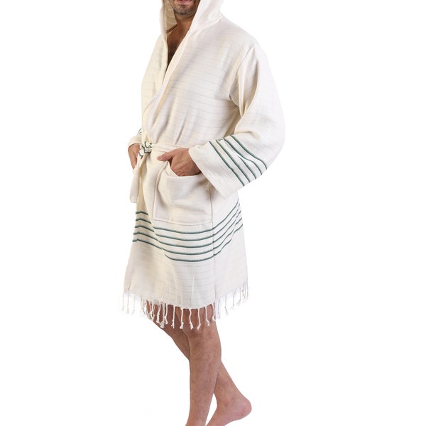 RUBY- Green Striped Turkish Cotton Bamboo Kimono Robe, Dressing Gown, Groomsmen Gift, Bachelor Party Robes, Hooded Turkish Bathrobe