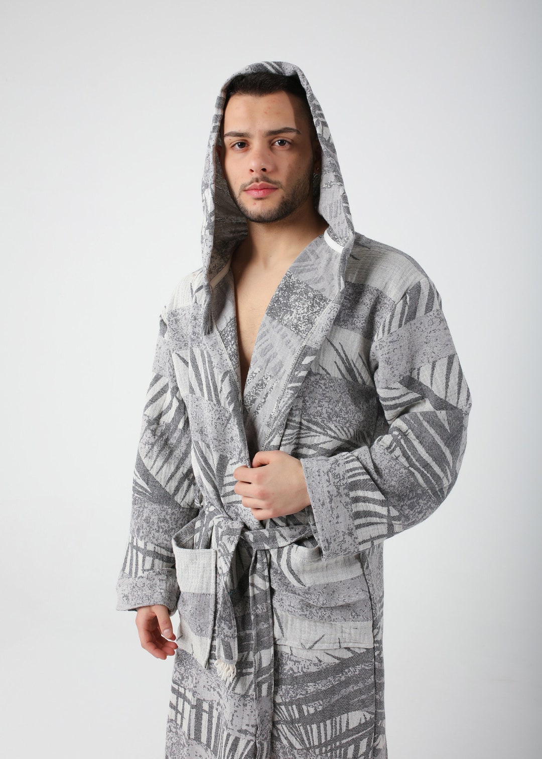 Men Pool Robe Gray Palm Jacquard Turkish Cotton Robe for Men, Lightweight Dressing ...