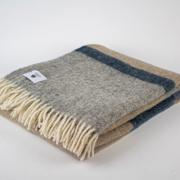 Coperta da lancio in lana vergine beige-blu-grigia, coperta in pura lana al 100%, coperta calda e accogliente, coperta per divano, coperta per portico, coperta calda in lana di pecora