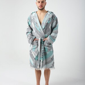 Green Colorful Jacquard Turkish Cotton Robe for Men, Lightweight Dressing Gown, Beach Pool Sauna Hot Tub Cover Up, Hooded Turkish Bathrobe image 2