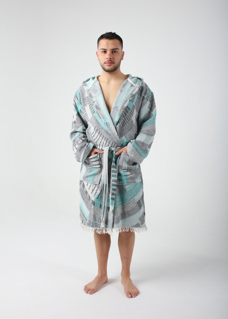 Green Colorful Jacquard Turkish Cotton Robe for Men, Lightweight Dressing Gown, Beach Pool Sauna Hot Tub Cover Up, Hooded Turkish Bathrobe image 2