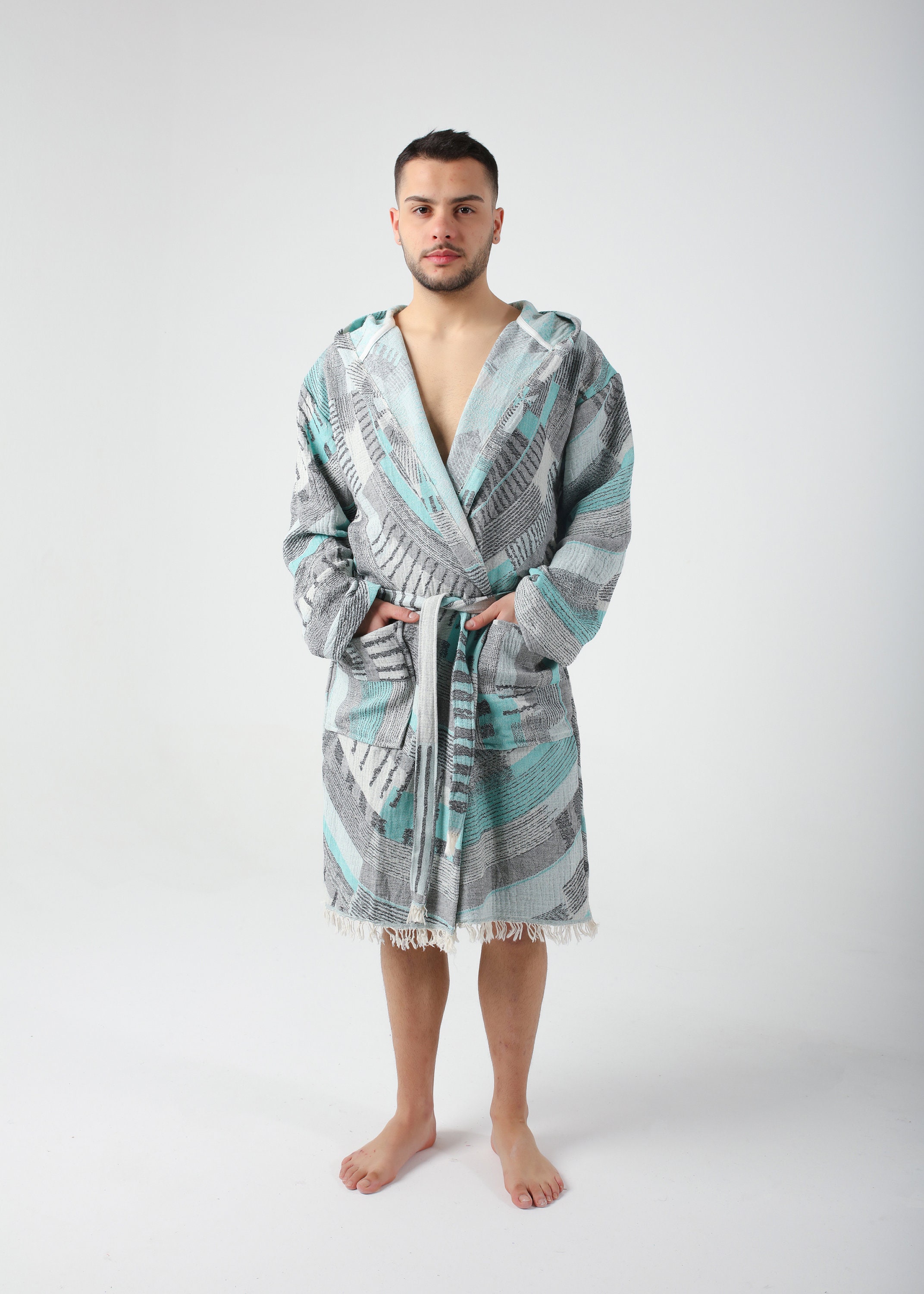 Men Pool Robe Green Colorful Jacquard Turkish Cotton Robe for Men, Lightweight ...