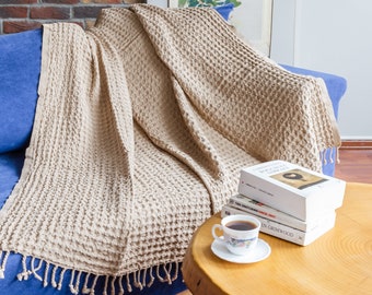 Beige Big Waffle High Quality Turkish Cotton Throw Blanket, Couch Throw Blanket, Cozy Blanket, Sofa Cover, Cotton Bed Spread, Porch Blanket
