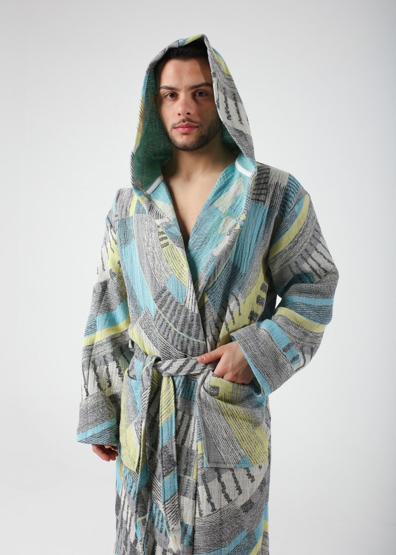 Green Colorful Jacquard Turkish Cotton Robe for Men, Lightweight Dressing Gown, Beach Pool Sauna Hot Tub Cover Up, Hooded Turkish Bathrobe Yellow