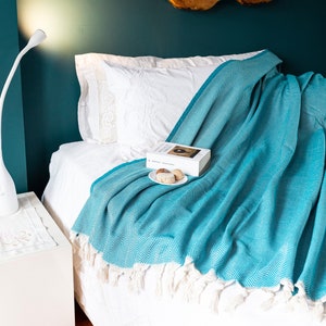 Aqua Blue Herringbone Turkish Cotton Throw Blanket, Bedspread, Cotton Bedcover, Coverlet, Couch Blanket, Cozy Blanket, Porch Blanket