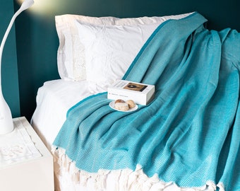 Aqua Blue Herringbone Turkish Cotton Throw Blanket, Bedspread, Cotton Bedcover, Coverlet, Couch Blanket, Cozy Blanket, Porch Blanket