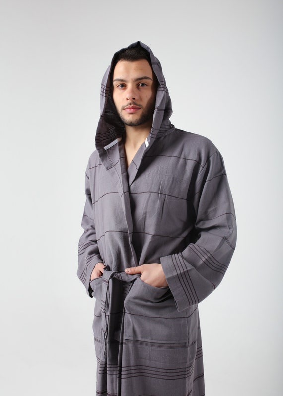 Personalized Dark Gray Lightweight Cotton Robe, Dressing Gown, Beach Pool Sauna Hot Tub Cover Up, Hooded Turkish Bathrobe