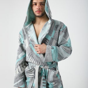 Green Colorful Jacquard Turkish Cotton Robe for Men, Lightweight Dressing Gown, Beach Pool Sauna Hot Tub Cover Up, Hooded Turkish Bathrobe Green