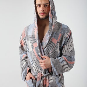 Burgundy Colorful Jacquard Turkish Cotton Robe for Men, Lightweight Dressing Gown, Beach Pool Sauna Cover Up, Hooded Turkish Bathrobe Coral