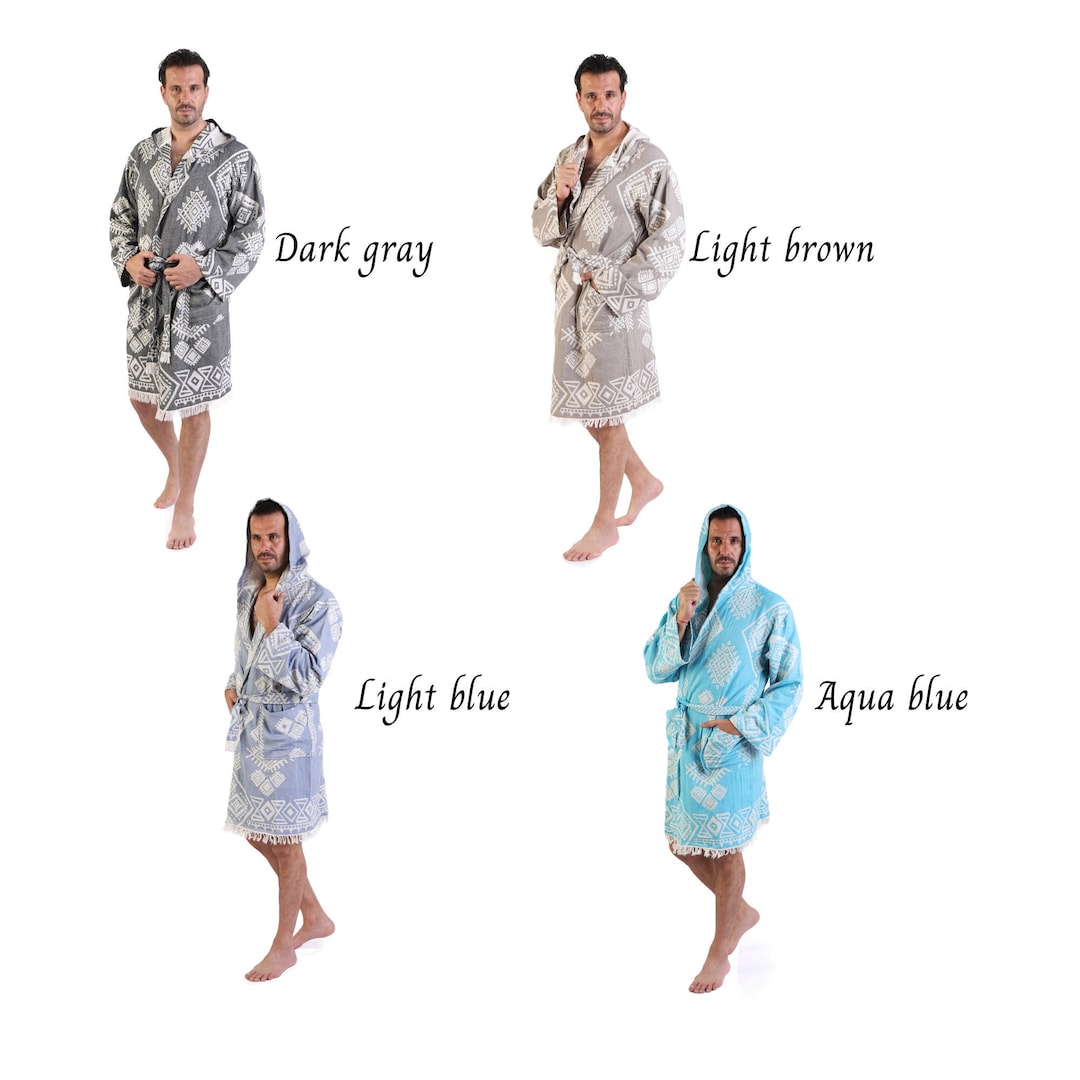 Men's Turquoise Robe Ethnic Patttern Turkish Cotton Robe for Men, Lightweight Dressing Gown ...