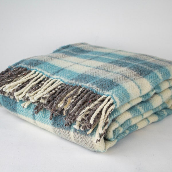 Aqua Blue Tartan Plaid Wool Throw Blanket, Wool Blanket, Warm Cozy Blanket, Wool Couch Blanket, Outdoor Blanket, Sheep Warm Blanket