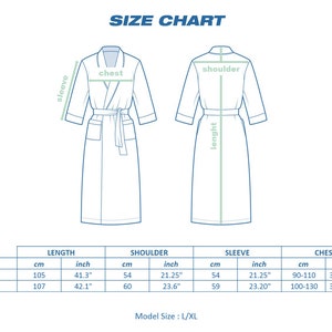May include: Size chart for a robe with measurements in inches and centimeters. The chart shows the length, shoulder, sleeve, and chest measurements for sizes S/M and L/XL.