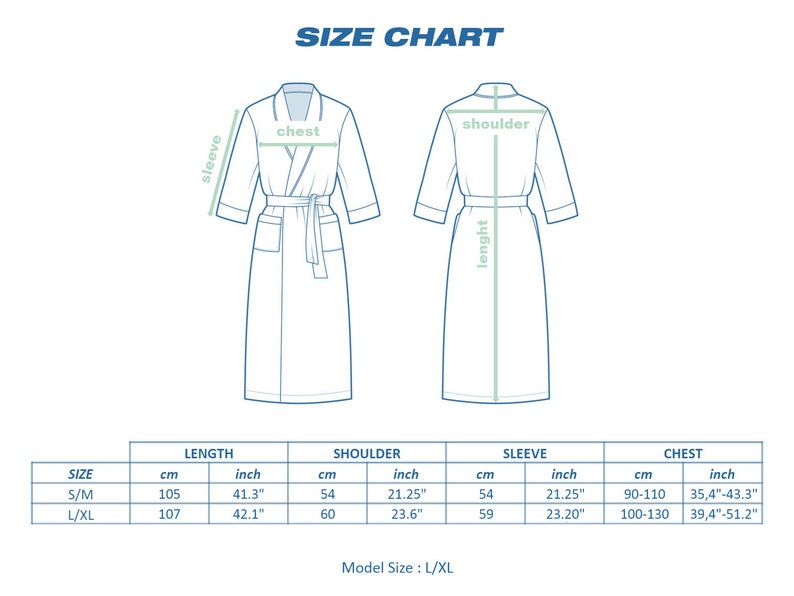 May include: Size chart for a robe with measurements in inches and centimeters. The chart shows the length, shoulder, sleeve, and chest measurements for sizes S/M and L/XL.