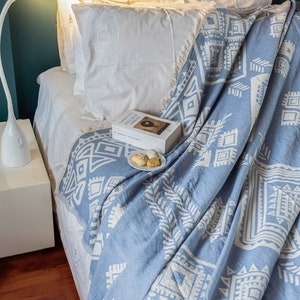 71&#39;&#39; 90.5&#39;&#39; Light Blue Ethnic Turkish Cotton Throw Blanket, Bedspread, Cotton Bedcover, Coverlet, Couch Blanket, Cozy Blanket, Picnic Mat