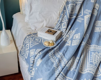 71'' 90.5'' Light Blue Ethnic Turkish Cotton Throw Blanket, Bedspread, Cotton Bedcover, Coverlet, Couch Blanket, Cozy Blanket, Picnic Mat