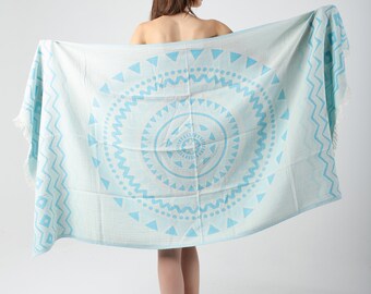 Aqua Blue Mandala Jacquard Turkish Cotton Beach Towel, Beach Blanket, Pool Towel, Travel Towel, Lightweight Quickdry Towel, Peshtemal Towel