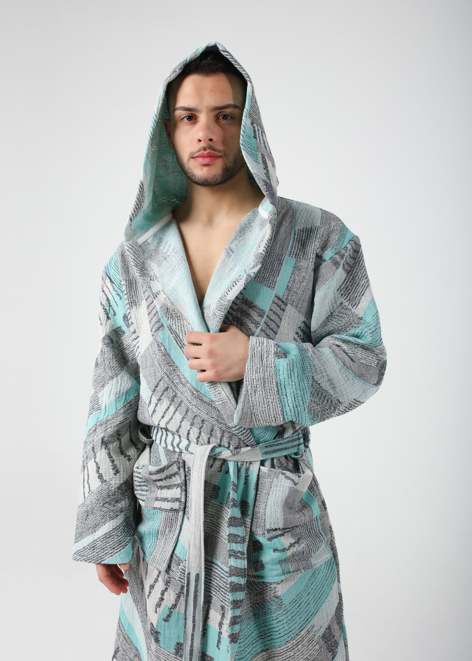 Men's Turquoise Robe Coral Colorful Jacquard Turkish Cotton Robe for Men, Lightweight ...