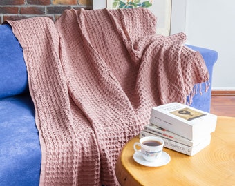 Pink Big Waffle High Quality Turkish Cotton Throw Blanket, Couch Throw Blanket, Cozy Blanket, Sofa Cover, Cotton Bed Spread, Porch Blanket