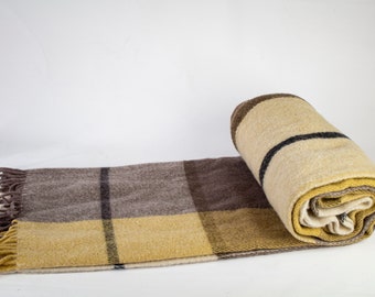 63'' 86.5'' Brown / Mustard Tartan Plaid Wool Blanket, Pure 100% Wool Blanket, Cozy Blanket, Couch Blanket , Wool Throw Blanket, Sheep Wool