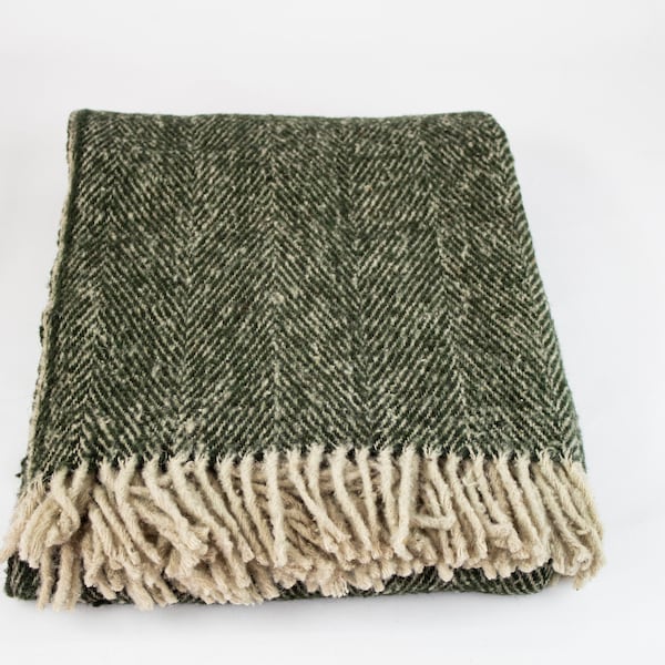 Dunkelgrüne Herringbone Wolldecke, reine 100% Wolldecke, warme gemütliche Decke, Wollcouch-Decke, Veranda-Decke, Schafwolle warm