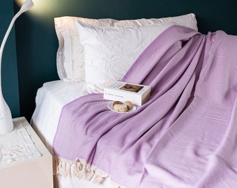 Lavender Herringbone Turkish Cotton Throw Blanket, Bedspread, Cotton Bedcover, Coverlet, Couch Blanket, Cozy Blanket, Porch Blanket