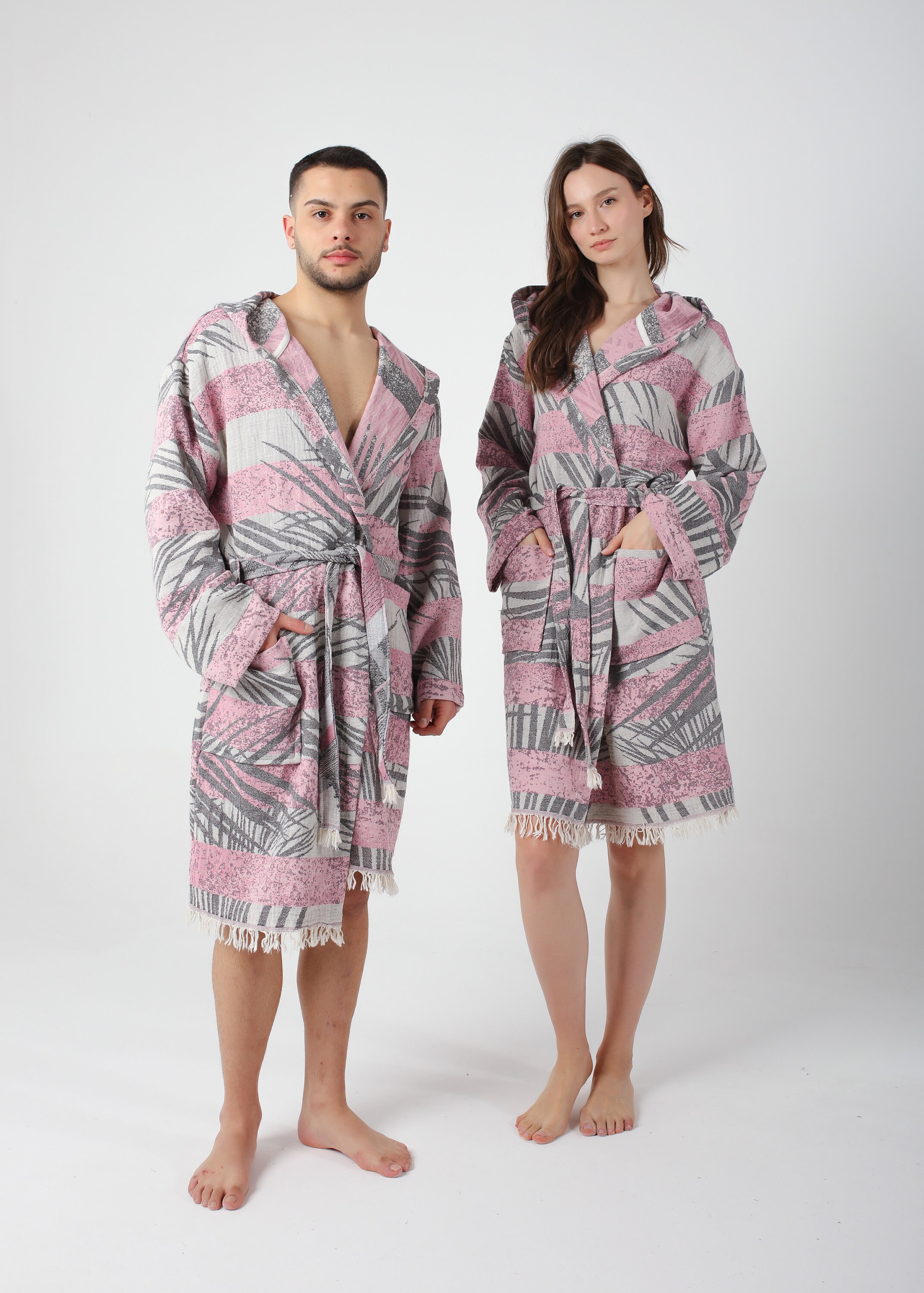 Men Pool Robe Pink Palm Jacquard Turkish Cotton Robe for Men, Lightweight Dressing ...