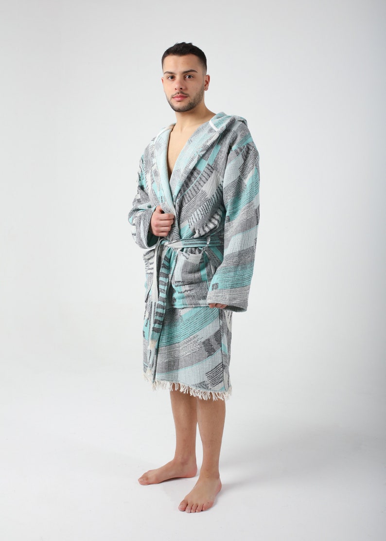 Green Colorful Jacquard Turkish Cotton Robe for Men, Lightweight Dressing Gown, Beach Pool Sauna Hot Tub Cover Up, Hooded Turkish Bathrobe image 1