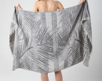 Gray Palm Jacquard Turkish Cotton Beach Towel, Lightweight Beach Blanket, Pool Peshtemal Towel, Quickdry Yoga Towel Blanket