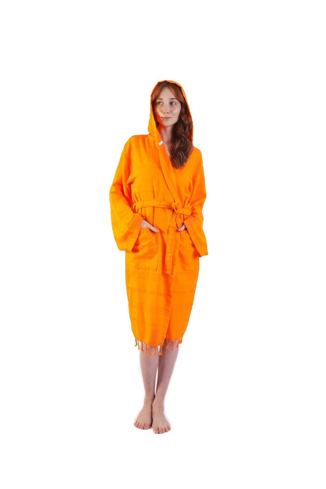 Orange Turkish Cotton Women Robe, Dressing Gown, Personalized Cotton