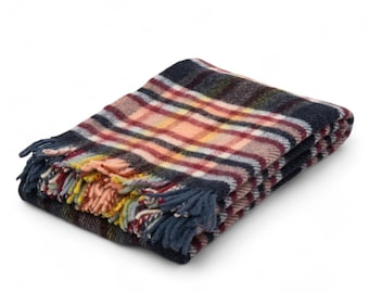 Tartan Plaid Wool Blanket: Navy - Burgundy Vintage Style Throw