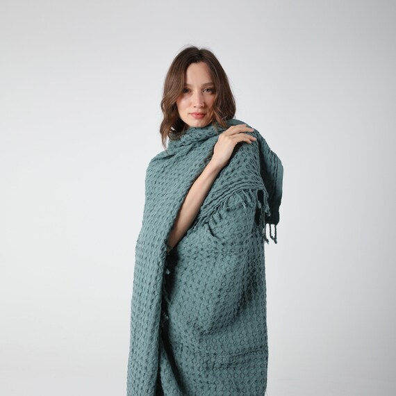 Oil Blue Big Waffle Summer Throw Blanket, Patio Throw Blanket, Outdoor Throw, Soft Picnic Blanket, Cotton TV Blanket, Cozy Couch Blanket