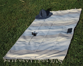 Blue Herringbone Turkish Cotton Beach Towel, Cotton Throw Blanket, Personalized Bridesmaid Gift,  Handwoven Cotton Bath Towel, Couch Throw