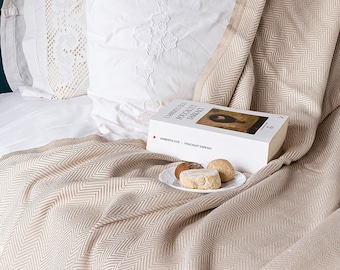 Beige Herringbone Turkish Cotton Throw Blanket, Bedspread, Cotton Bedcover, Coverlet, Couch Blanket, Cozy Blanket, Porch Blanket