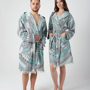 Green Colorful Jacquard Turkish Cotton Robe for Men, Lightweight Dressing Gown, Beach Pool Sauna Hot Tub Cover Up, Hooded Turkish Bathrobe image 5